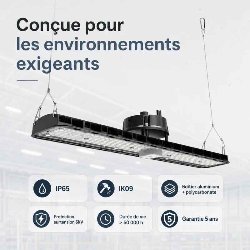 Suspension LED industrielle linéaire 150W/200W/250W 185lm/w avec Détecteur de Mouvement - Garantie 5 ans