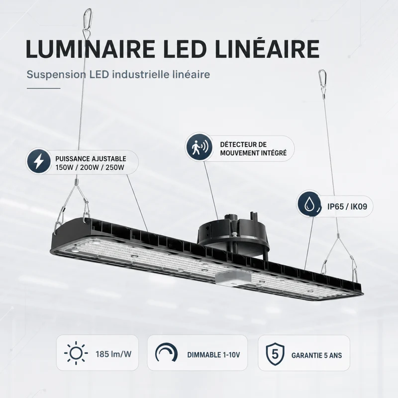 Suspension LED industrielle linéaire 150W/200W/250W 185lm/w avec Détecteur de Mouvement - Garantie 5 ans