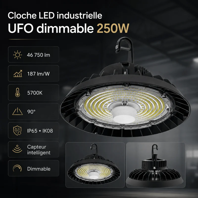 Pack de 6 - Suspension LED Industrielle UFO Dimmable 150W-200W-250W 187lm/W avec détecteur de mouvement - Garantie 5 ans