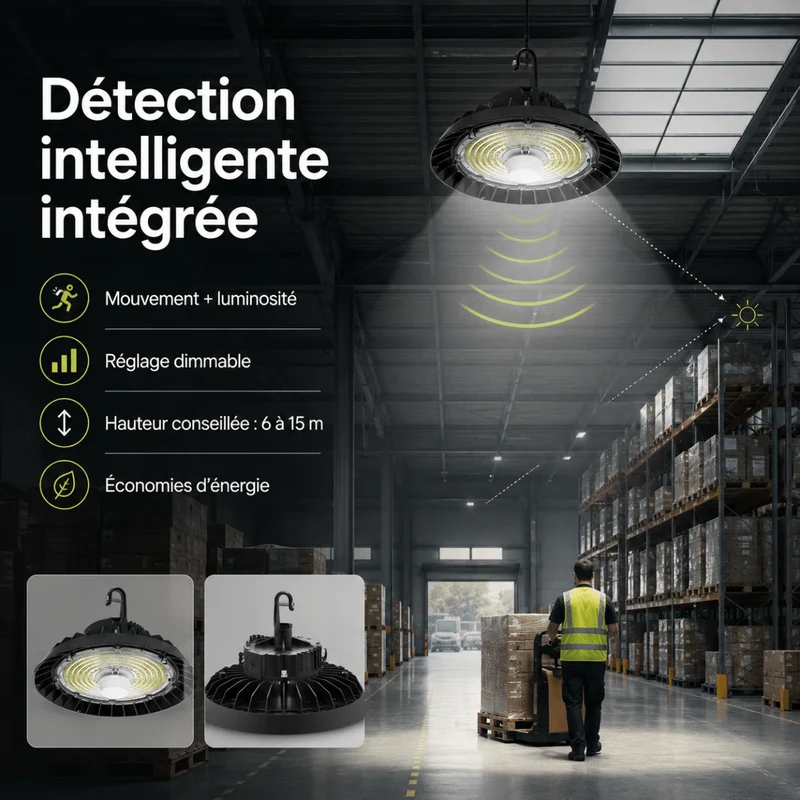Pack de 6 - Suspension LED Industrielle UFO Dimmable 150W-200W-250W 187lm/W avec détecteur de mouvement - Garantie 5 ans