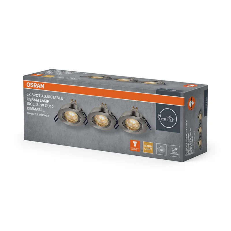 Set de spots encastrés LED OSRAM GU10 Click-Dim orientable 3,7W Nickel satiné