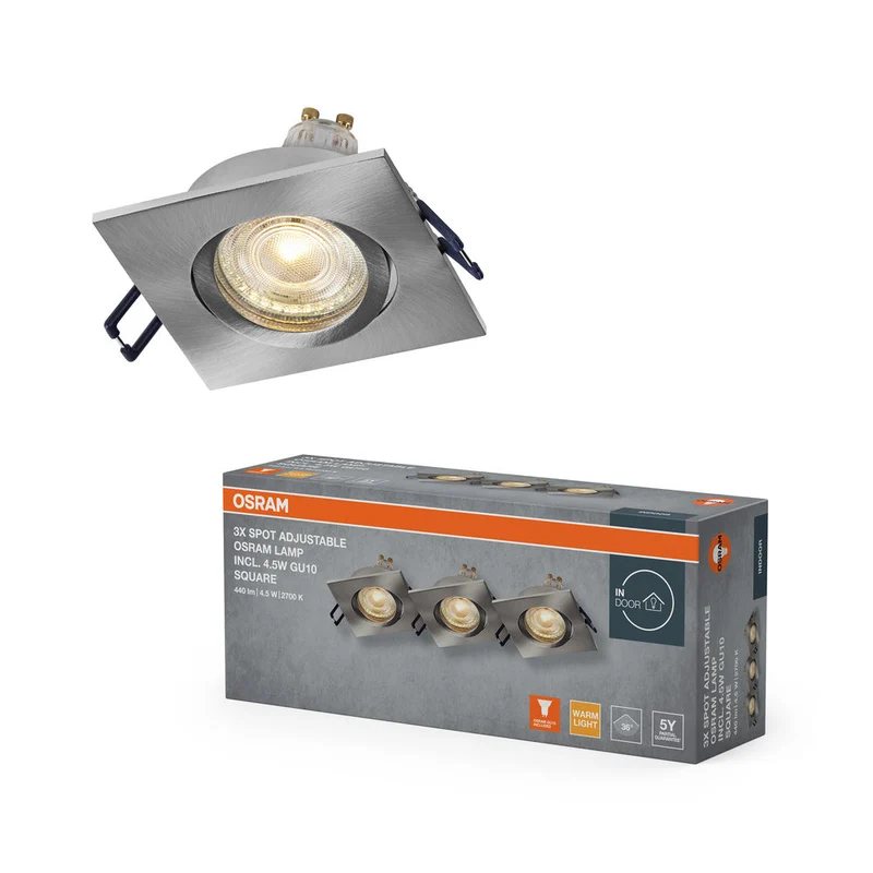 Set de spots encastrés LED OSRAM GU10 orientable carré Click 4,5W 827 Nickel satiné ⌀68 mm