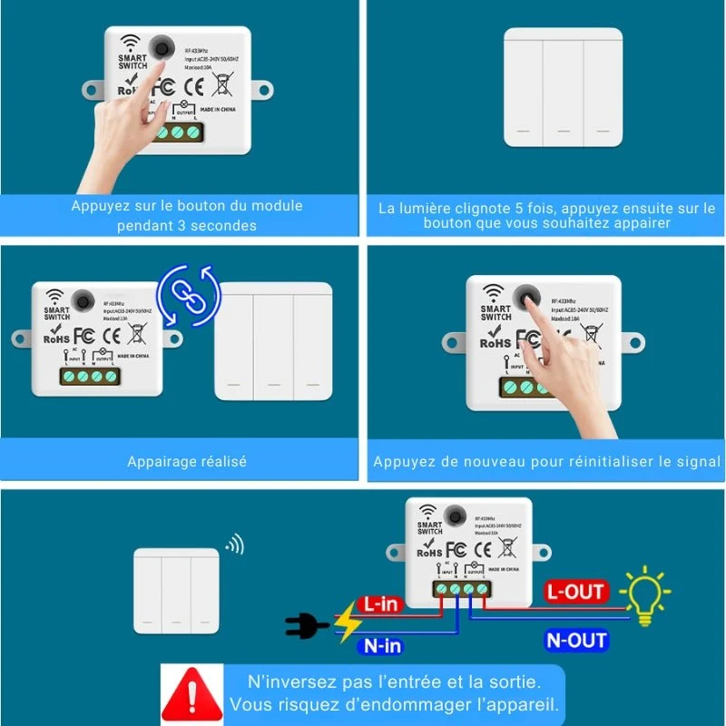 Interrupteur Mural sans Fil Bouton Simple avec Récepteur 220V 10A