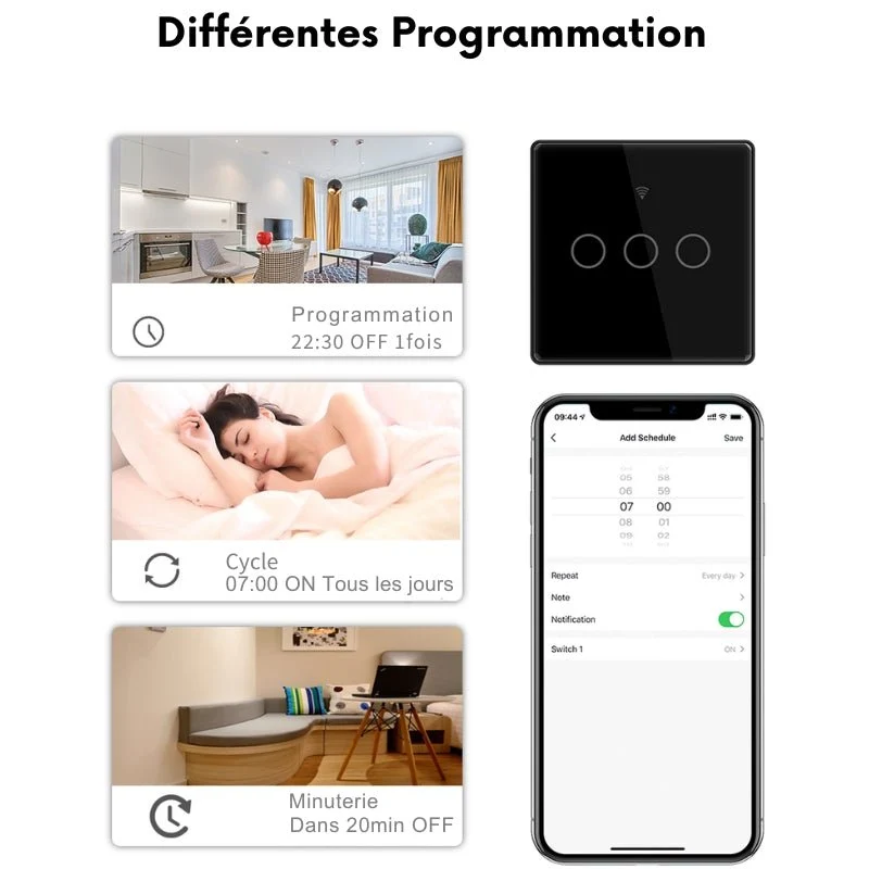 Interrupteur Mural Double Connecté Wifi Tactile NOIR - Silumen Home