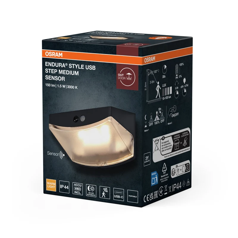 ENDURA® Style USB Applique murale Step M Capteur IP44 Gris foncé