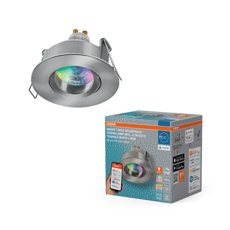 OSRAM Matter SMART+ LED spot encastrable intelligent salle de bain GU10 IP65 orientable 4,7W RGBW Nickel satiné ⌀68 mm