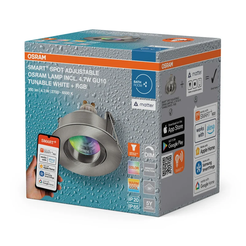 OSRAM Matter SMART+ LED spot encastrable intelligent salle de bain GU10 IP65 orientable 4,7W RGBW Nickel satiné ⌀68 mm