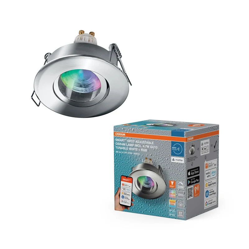 OSRAM Matter SMART+ LED spot encastrable intelligent salle de bain GU10 IP65 orientable 4,7W RGBW Chrome ⌀68 mm