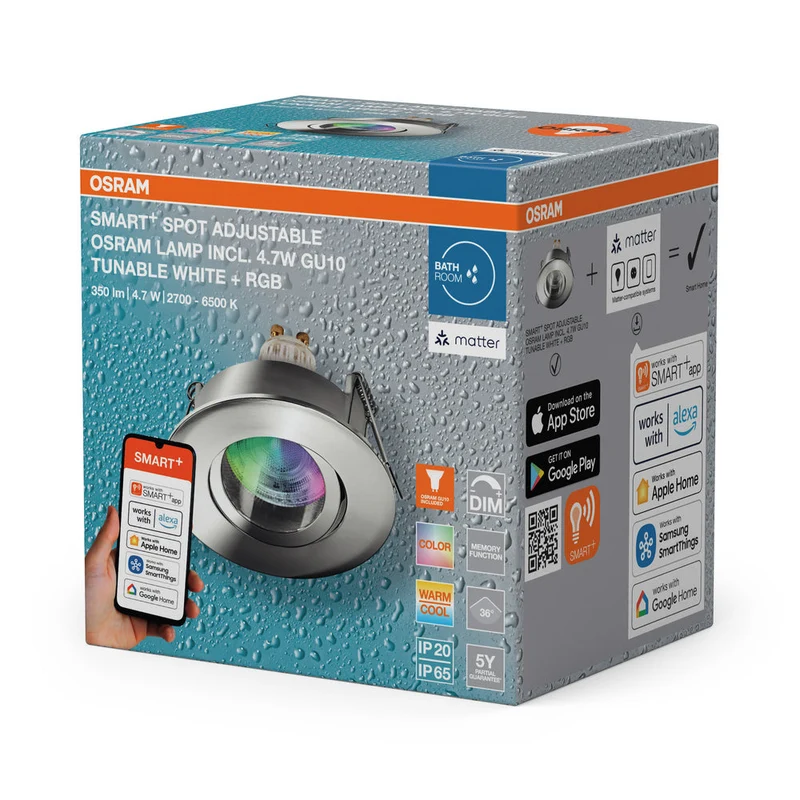 OSRAM Matter SMART+ LED spot encastrable intelligent salle de bain GU10 IP65 orientable 4,7W RGBW Chrome ⌀68 mm