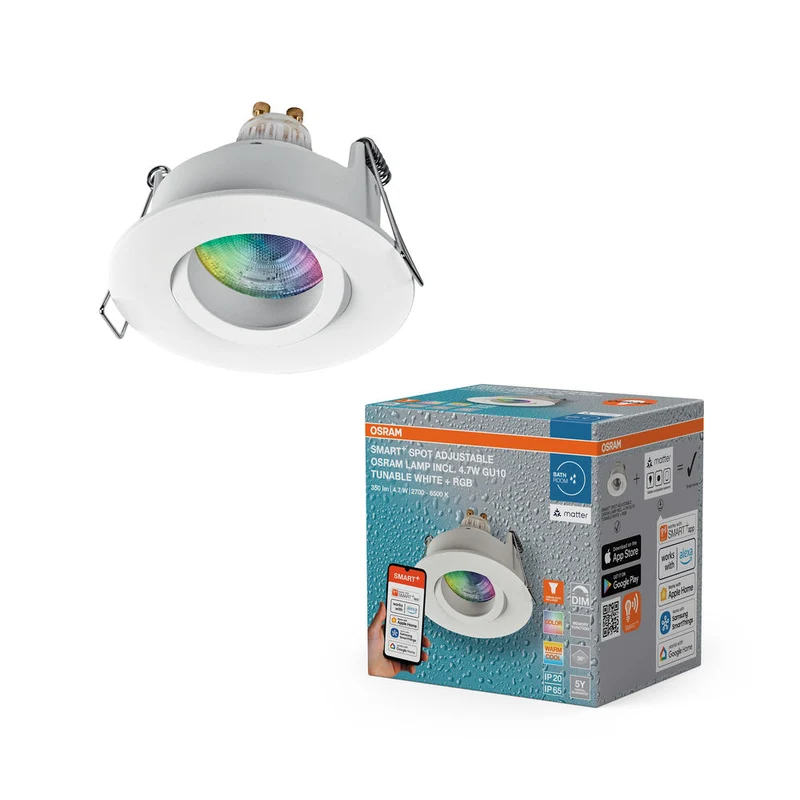 OSRAM Matter SMART+ LED spot encastrable intelligent salle de bain GU10 IP65 orientable 4,7W RGBW Blanc ⌀68 mm