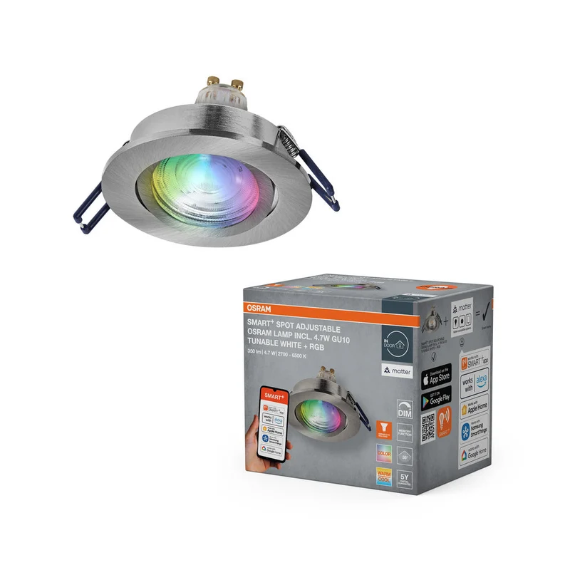 OSRAM Matter SMART+ LED spot encastrable intelligent salle de bain GU10 orientable 4,7W RGBW Nickel satiné ⌀68 mm