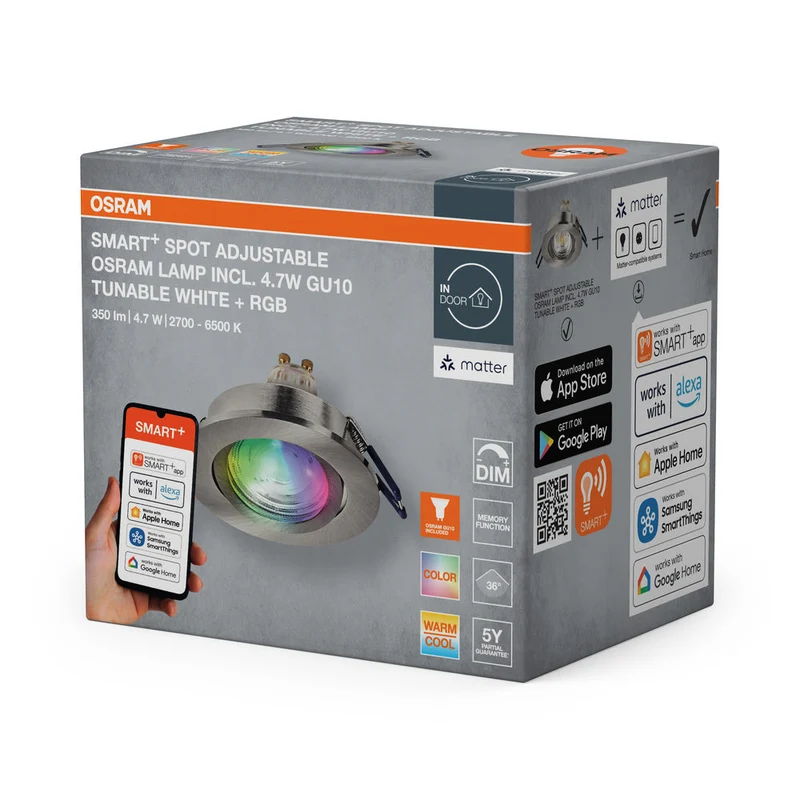 OSRAM Matter SMART+ LED spot encastrable intelligent salle de bain GU10 orientable 4,7W RGBW Nickel satiné ⌀68 mm