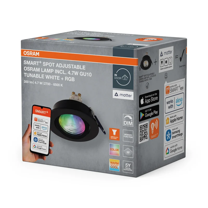 OSRAM Matter SMART+ LED spot encastrable intelligent salle de bain GU10 orientable 4,7W RGBW Noir ⌀68 mm