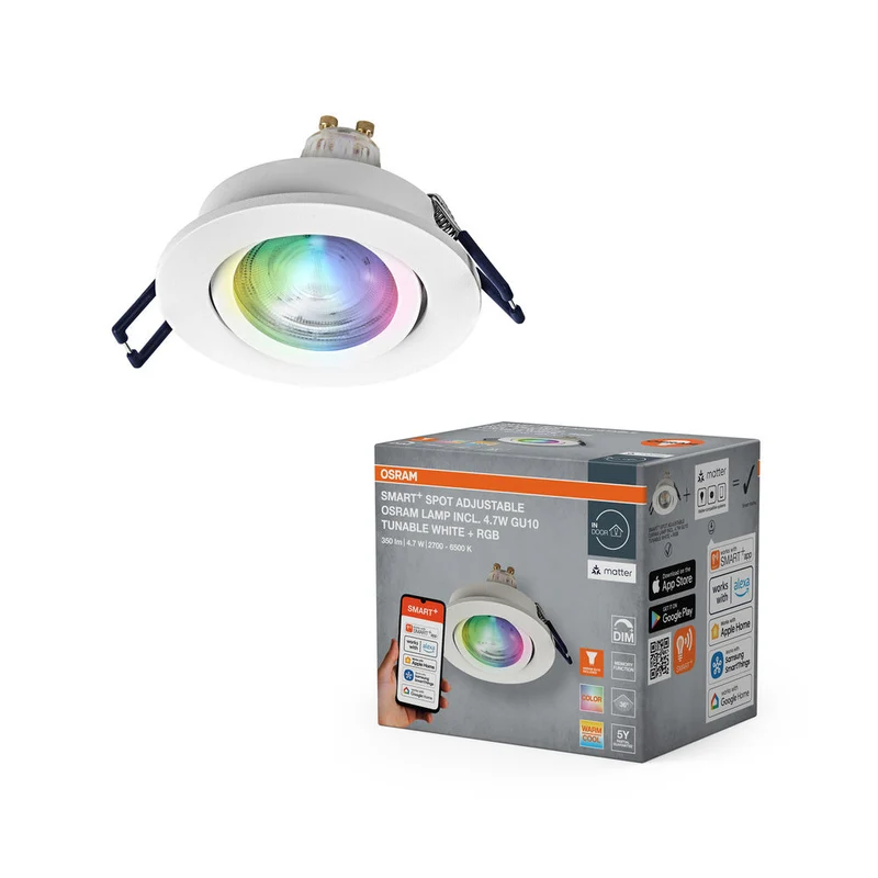OSRAM Matter SMART+ LED spot encastrable intelligent salle de bain GU10 orientable 4,7W RGBW Blanc ⌀68 mm