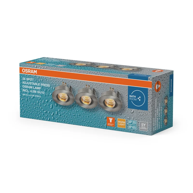 OSRAM Spot LED encastré lampe à poser salle de bain Set GU10 IP65 4,5W Nickel satiné ⌀68 mm