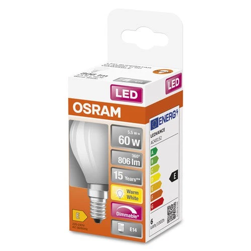 OSRAM Lampe LED à intensité variable avec culot E14, blanc chaud (2700K), forme de goutte, 6.5W, remplace une ampoule de 60W, mat, LED Retrofit CLASSIC P DIM