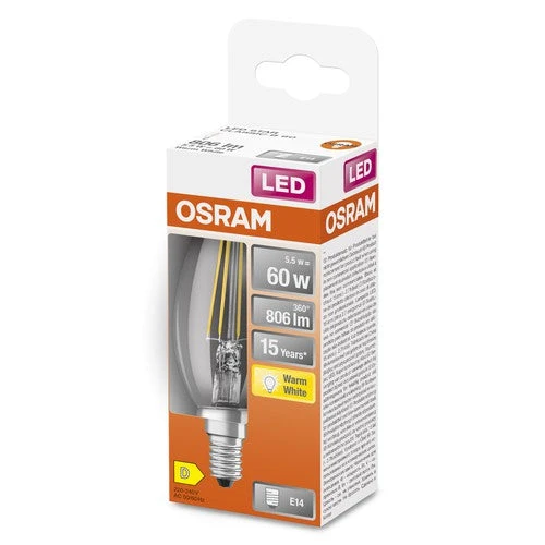 OSRAM Lampe LED filament avec culot E14, forme de bougie, blanc chaud (2700K), 6W, remplacement d'une ampoule de 60W, LED Retrofit CLASSIC B