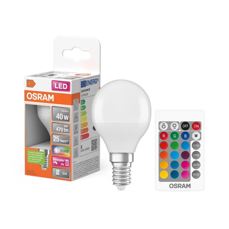 OSRAM LED Retrofit RGBW multicolore Lampe LED avec télécommande (ex 40W) 5,5W / 2700K blanc chaud, E14