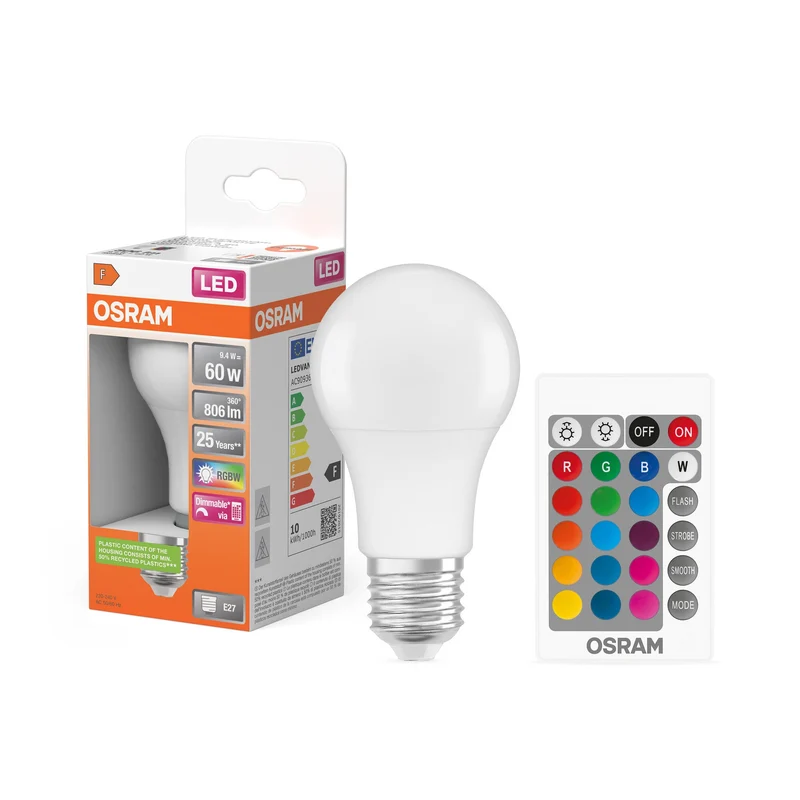 OSRAM LED Retrofit RGBW LED Lampe matt mehrfarbig mit Fernbedienung (ex 60W) 9W / 2700K Warmweiß E27