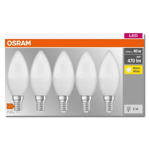 OSRAM LED BASE CLASSIC B lampe mate (ex 40W) 5,5W / 2700K Lumières chaudes E14, pack de 5