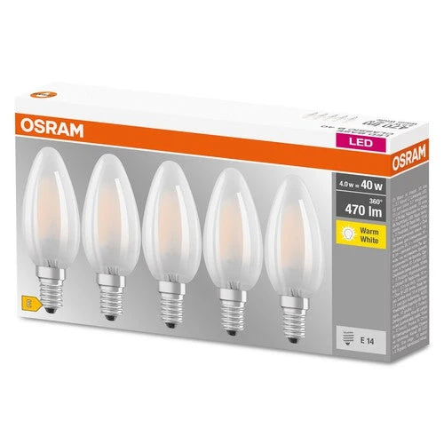 OSRAM LED Base Lampe LED forme bougie mat (ex 40W) 4W / 2700K blanc chaud E14 pack de 5
