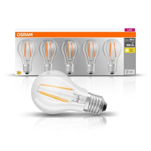 OSRAM LED Base Lampe Classique (ex 60W) 7W / 2700K Pack de 5 E27, Blanc chaud