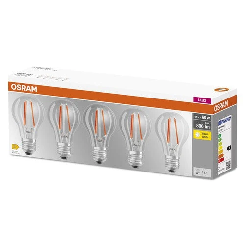 OSRAM LED Base Lampe Classique (ex 60W) 7W / 2700K Pack de 5 E27, Blanc chaud