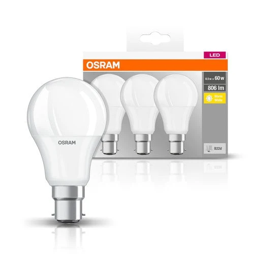 OSRAM BASE CLA60 8,5W/827 230VFR B22D FS3, Blanc chaud, Pack de 3