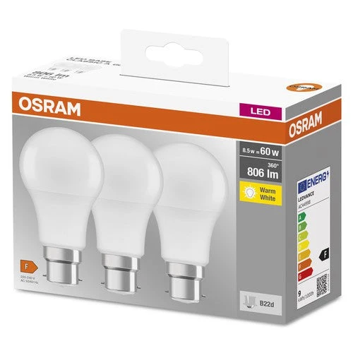 OSRAM BASE CLA60 8,5W/827 230VFR B22D FS3, Blanc chaud, Pack de 3