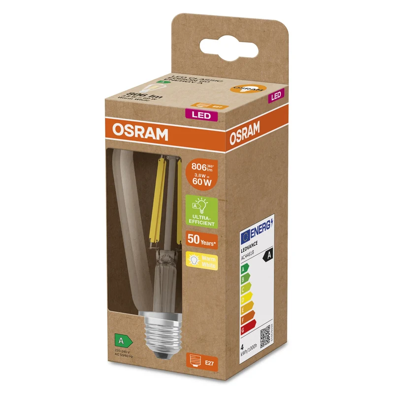 OSRAM LED Lampe Classe d'efficacité énergétique A Filament Classique Clair, 2.5W/3000K, E27, Blanc chaud