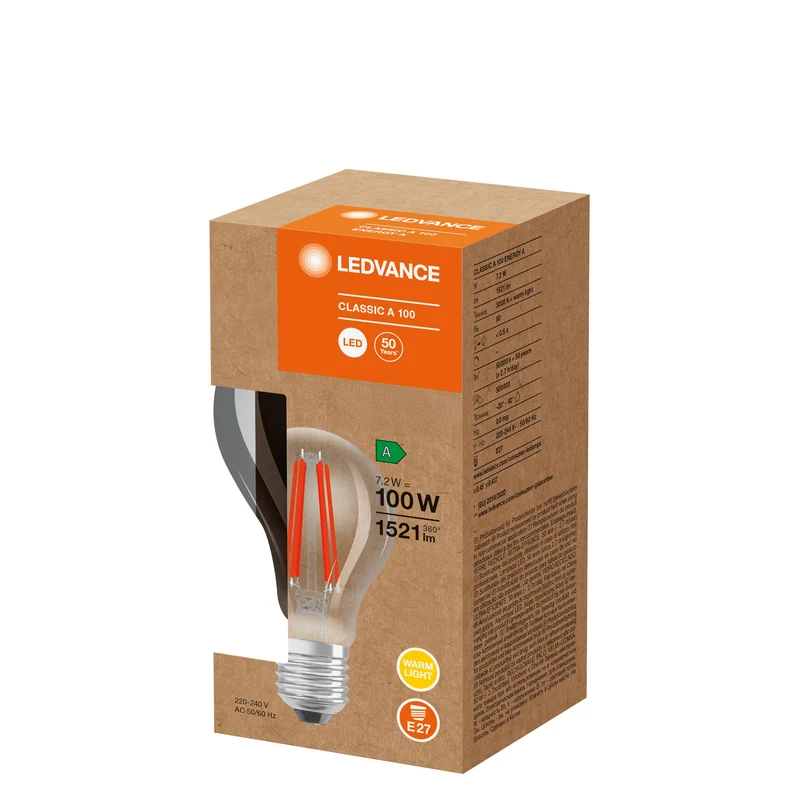 LEDVANCE lampe LED classe d'efficacité énergétique A filament classique clair, 7.2W/3000K, E27