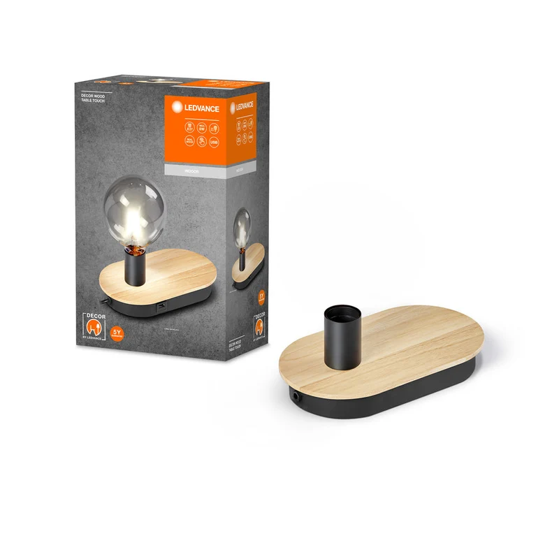 LEDVANCE DECOR Lampe de table tactile en bois USB, noir/bois, E27