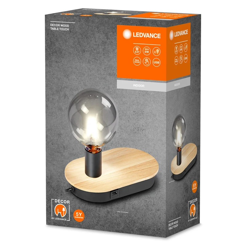 LEDVANCE DECOR Lampe de table tactile en bois USB, noir/bois, E27
