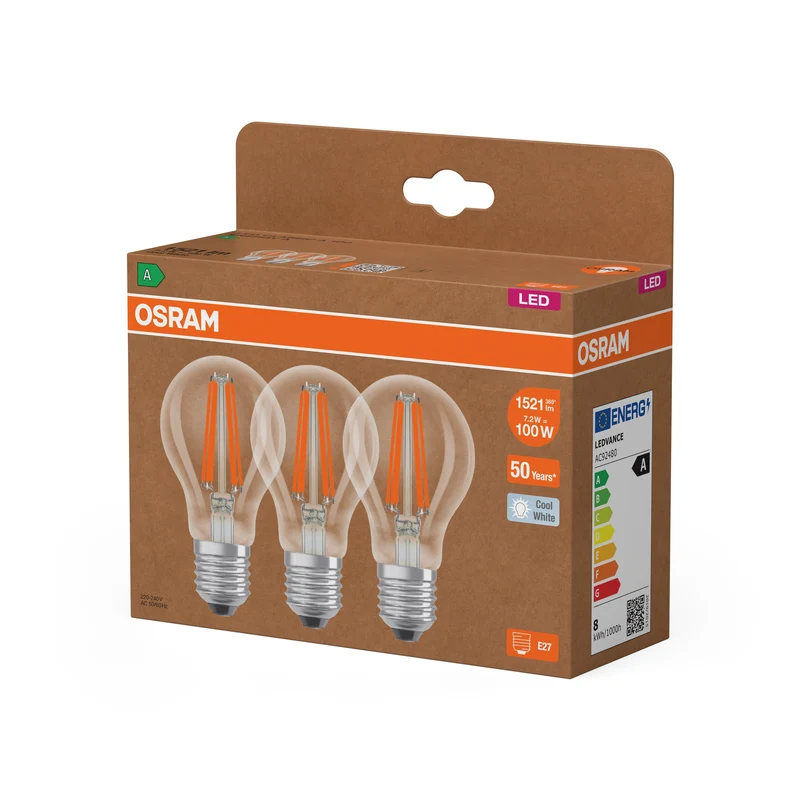 LAMPES LED CLASSE ÉNERGÉTIQUE A EFFICACITÉ ÉNERGÉTIQUE FILAMENT CLASSIQUE A 7.2W 840 Clair E27