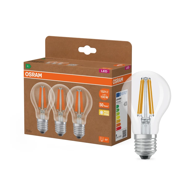 LAMPES LED CLASSE ÉNERGÉTIQUE A EFFICACITÉ ÉNERGÉTIQUE FILAMENT CLASSIQUE A 7.2W 827 Clair E27