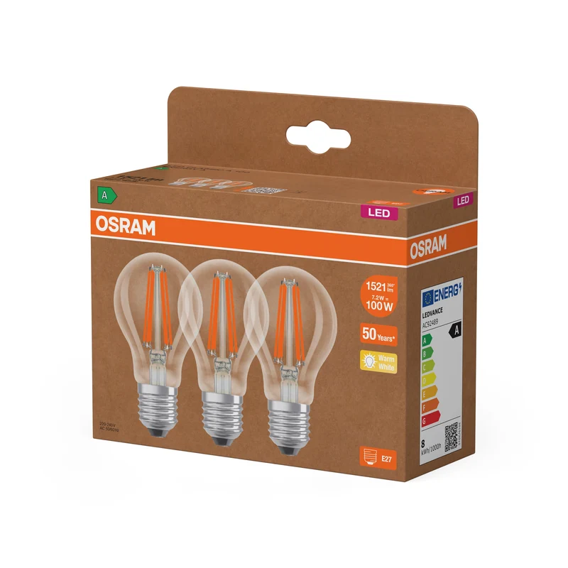 LAMPES LED CLASSE ÉNERGÉTIQUE A EFFICACITÉ ÉNERGÉTIQUE FILAMENT CLASSIQUE A 7.2W 827 Clair E27