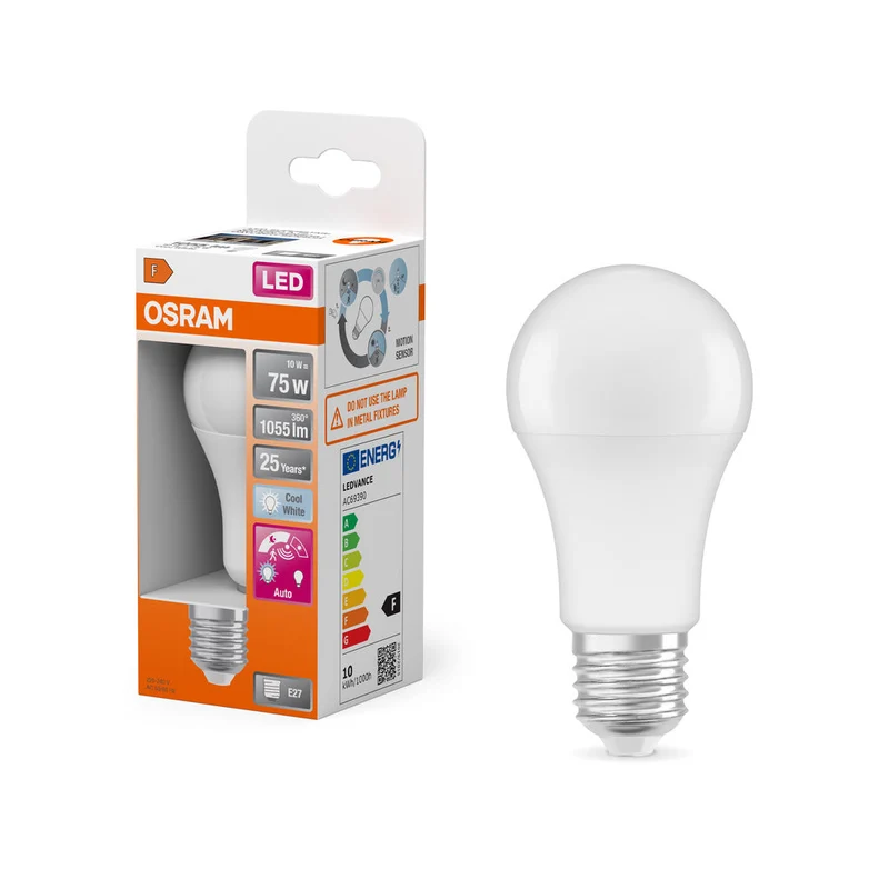 LED CLASSIC A CAPTEUR DE MOUVEMENT & DE LUMIÈRE DU JOUR 10W 840 Givré E27