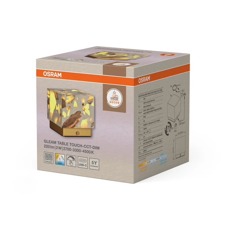OSRAM DECOR Gleam lampe de table, 2W tactile CCT, dimmable, blanc