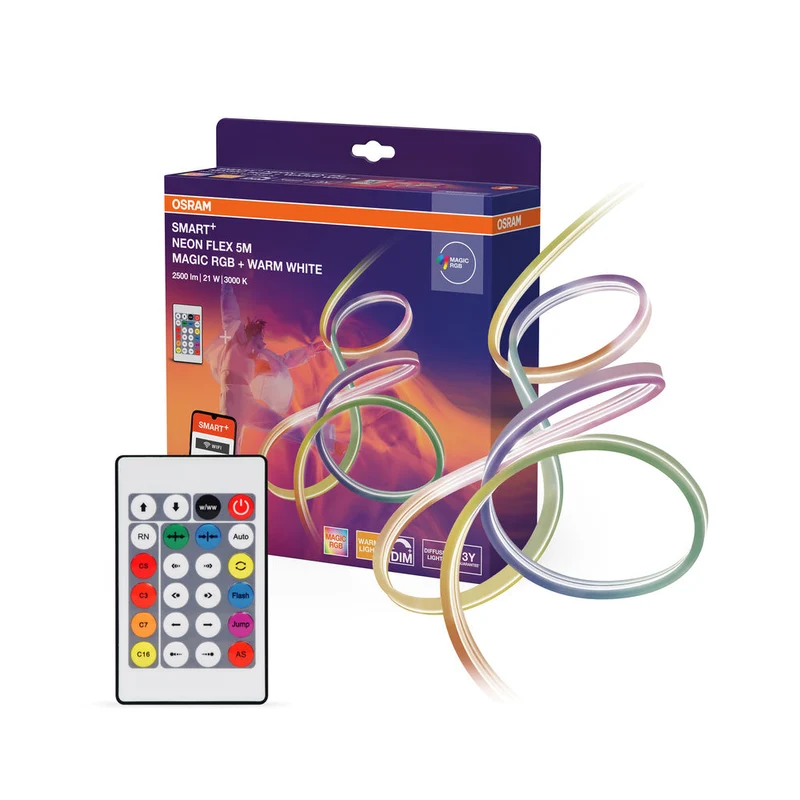 OSRAM Wifi SMART+ NEON FLEX MAGIC RGB + BLANC CHAUD Ruban LED, 5m, 2500lm, 21W, 3000K, avec télécommande