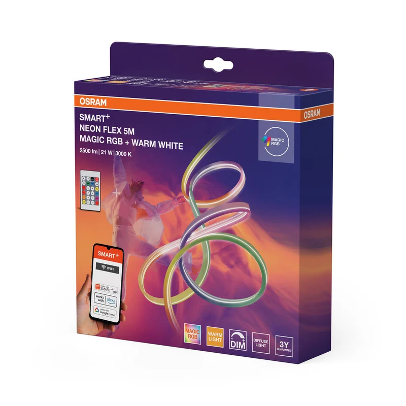 OSRAM Wifi SMART+ NEON FLEX MAGIC RGB + BLANC CHAUD Ruban LED, 5m, 2500lm, 21W, 3000K, avec télécommande