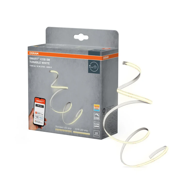 OSRAM Wifi SMART+ COB BANDE LED BLANC TUNABLE, 5m, Blanc réglable, 1700lm, 18W, 2700-6500K, avec télécommande