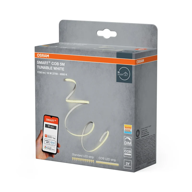OSRAM Wifi SMART+ COB BANDE LED BLANC TUNABLE, 5m, Blanc réglable, 1700lm, 18W, 2700-6500K, avec télécommande