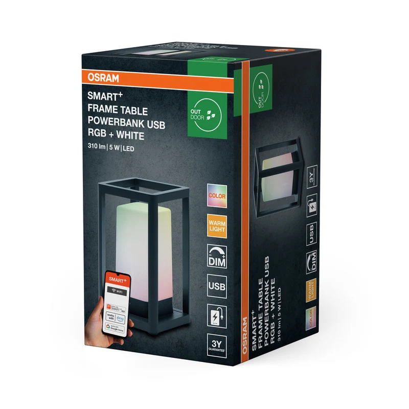 OSRAM SMART+ Wifi Cadre de Table Powerbank USB RGB Extérieur Lampe de Table portable utilisable, noir, 3000K 12x20,3cm