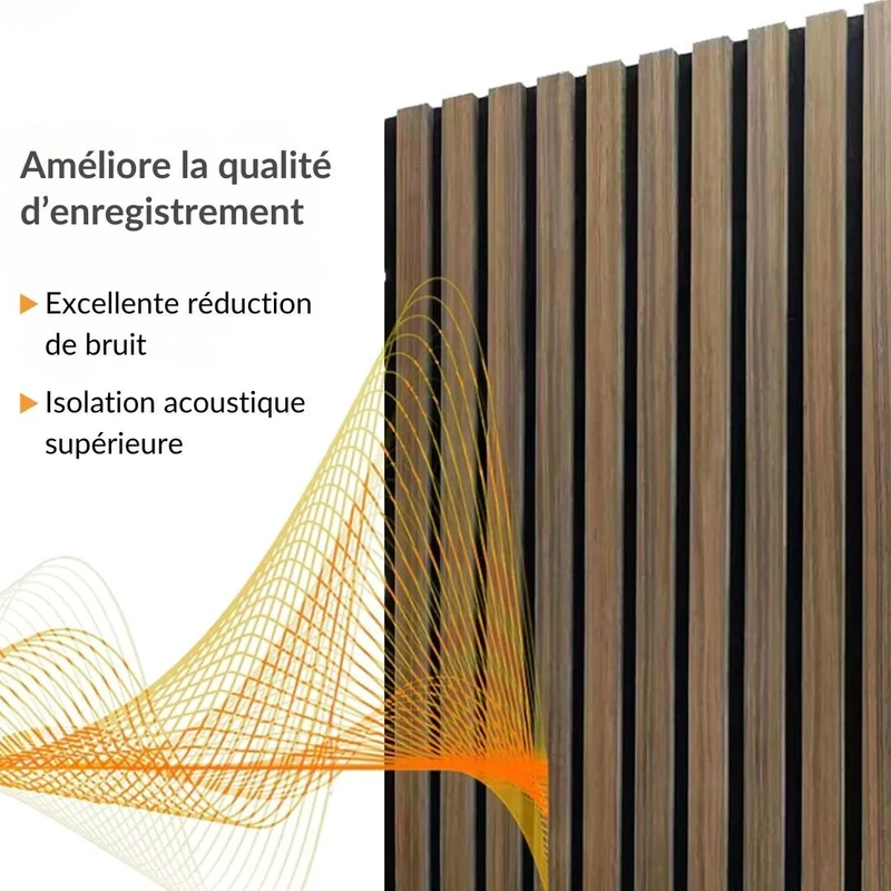Lot de 8 Panneaux Acoustiques Muraux - Tasseaux Finition Noyer - Fond Noir - 240x60x2,2cm