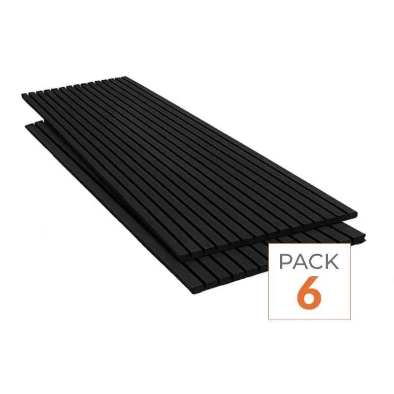 Lot de 6 Panneaux Acoustiques Muraux Bois 240x60x2,2cm - Couleur Noir avec Fond Noir