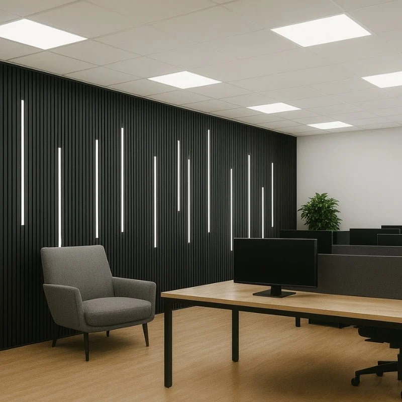 Lot de 6 Panneaux Acoustiques Muraux Bois 240x60x2,2cm - Couleur Noir avec Fond Noir
