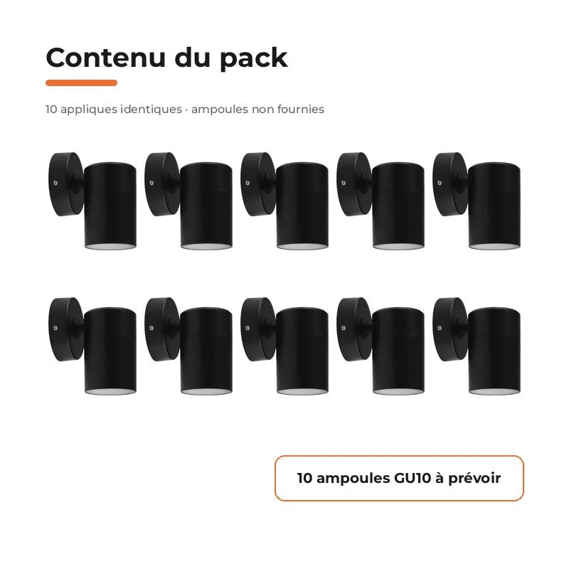 Applique murale LED Noire IP65 GU10 - Pack de 10