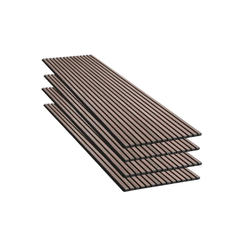 Lot de 4 Panneaux Acoustiques Muraux - Tasseaux Finition Noyer - Fond Noir - 240x60x2,2cm