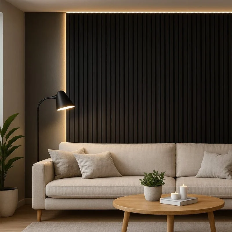 Lot de 4 Panneaux Acoustiques Muraux Bois 240x60x2,2cm - Couleur Noir avec Fond Noir
