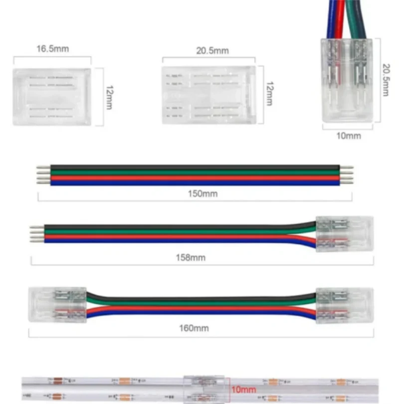 Transparent Crystal LED Strip Connectors – 10mm 4Pin Solderless Clips | Strip to Wire / Strip to Strip / Female Plug – Local Stock US/UK